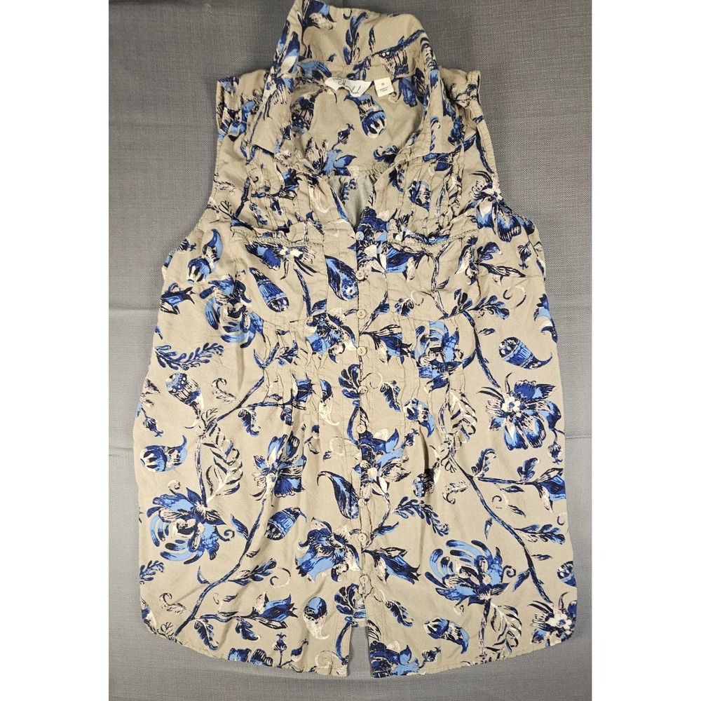Caffe Marrakesh Womens 1X Sleeveless Button Down Floral‎ Pintuck Rayon Top Blue